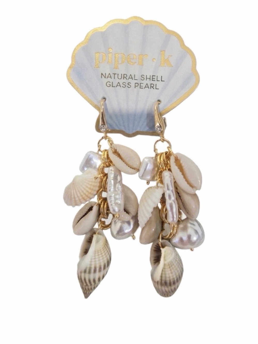NWT ⚜️🐚⚜️ Piper K Natural Shell and Glass Pearl Cluster Dangle Earrings